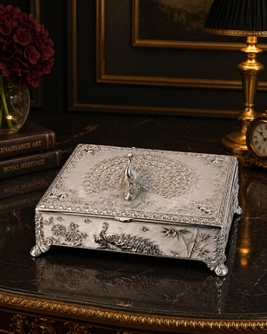 SILVER PLATED PEACOCK 
DRY FRUIT BOX (SQUARE)