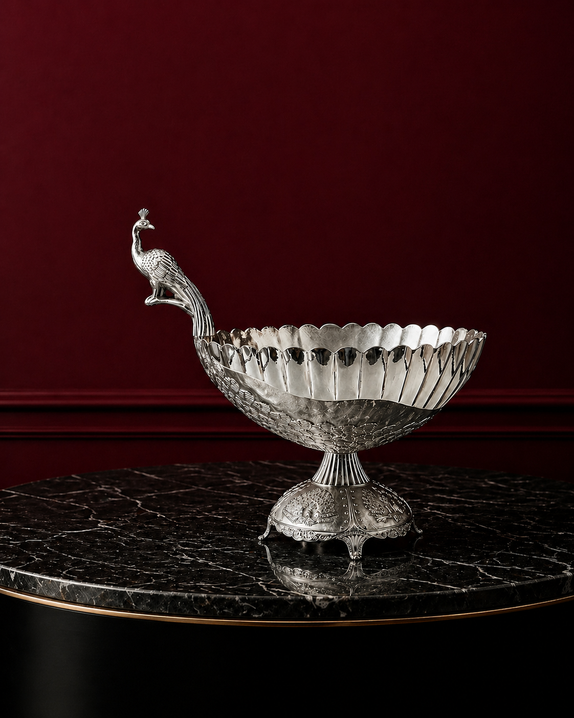 Silver Enamel Peacock Fruit Bowl