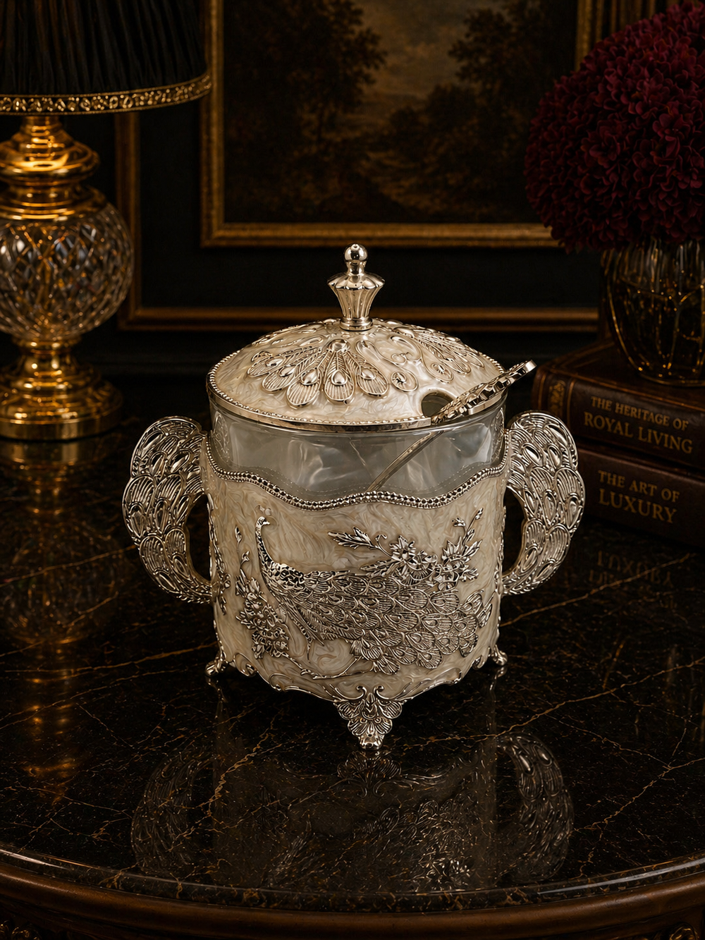 Silver Enamel Peacock Jar