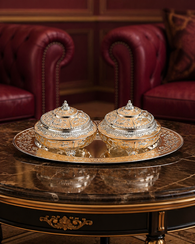Silver Plated Oval Tray + 2 Sugar Pots