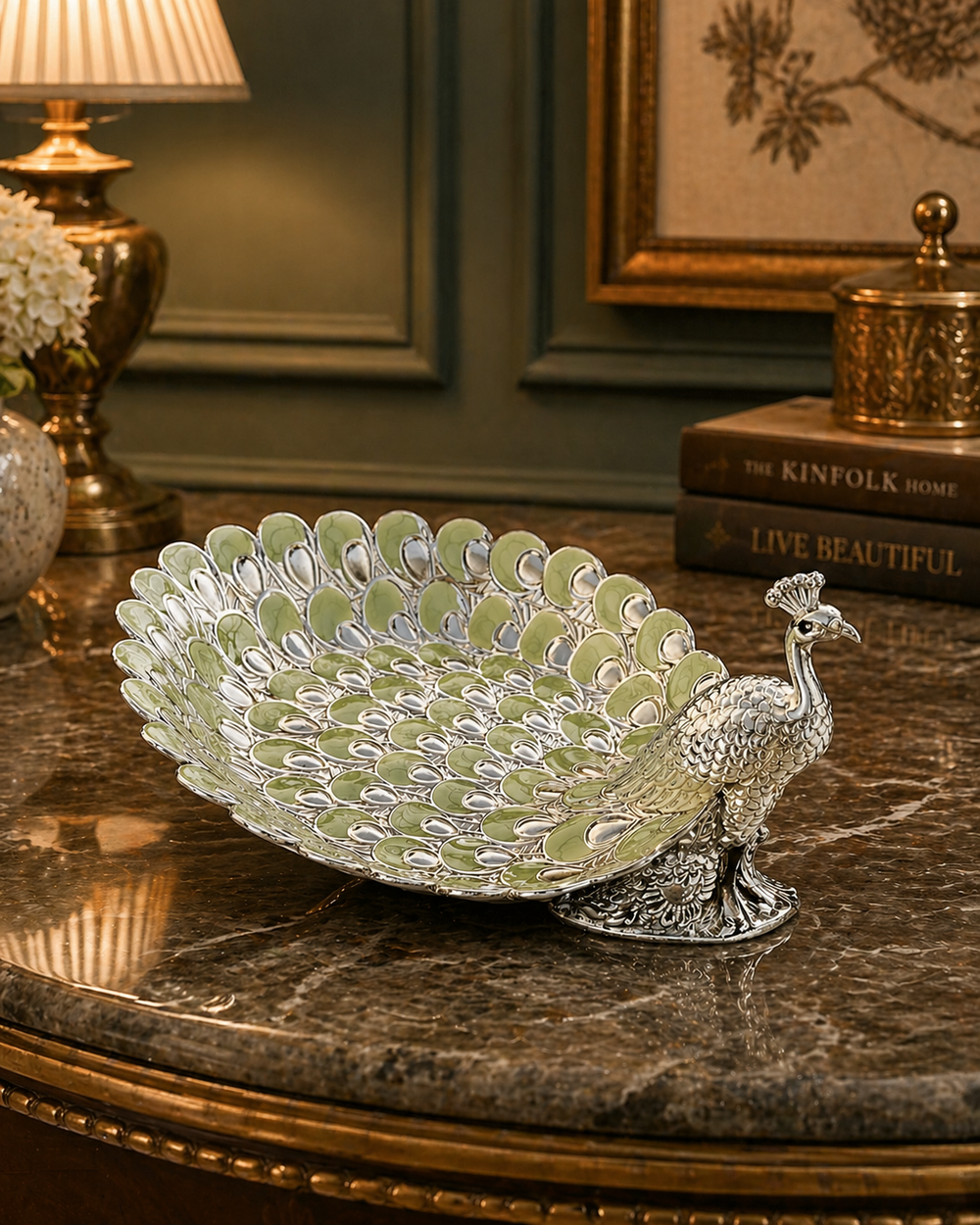 Silver Plated Enamel Peacock Tray (Front)