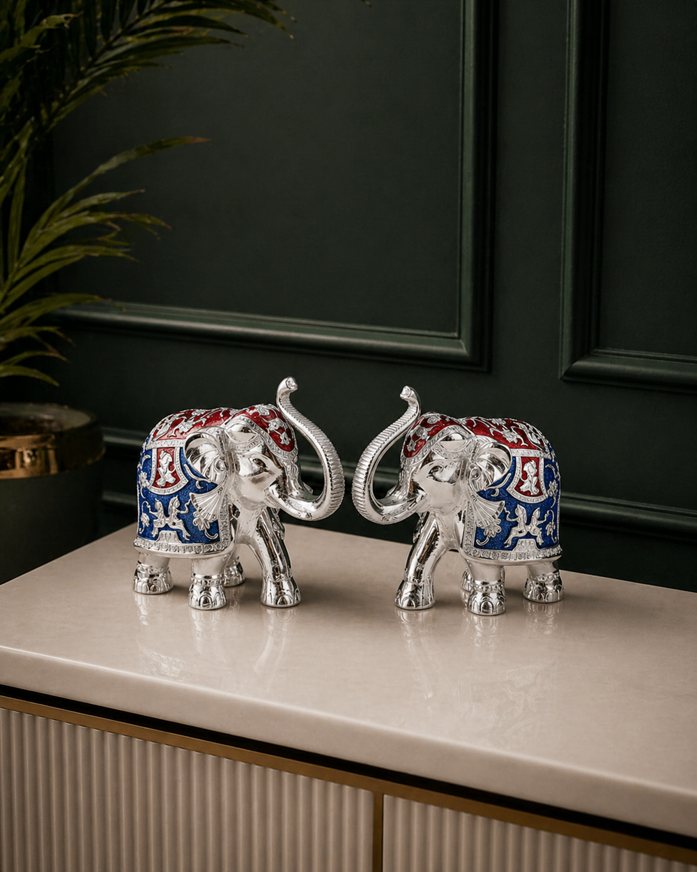 Silver Plated Elephant Meena Pair
