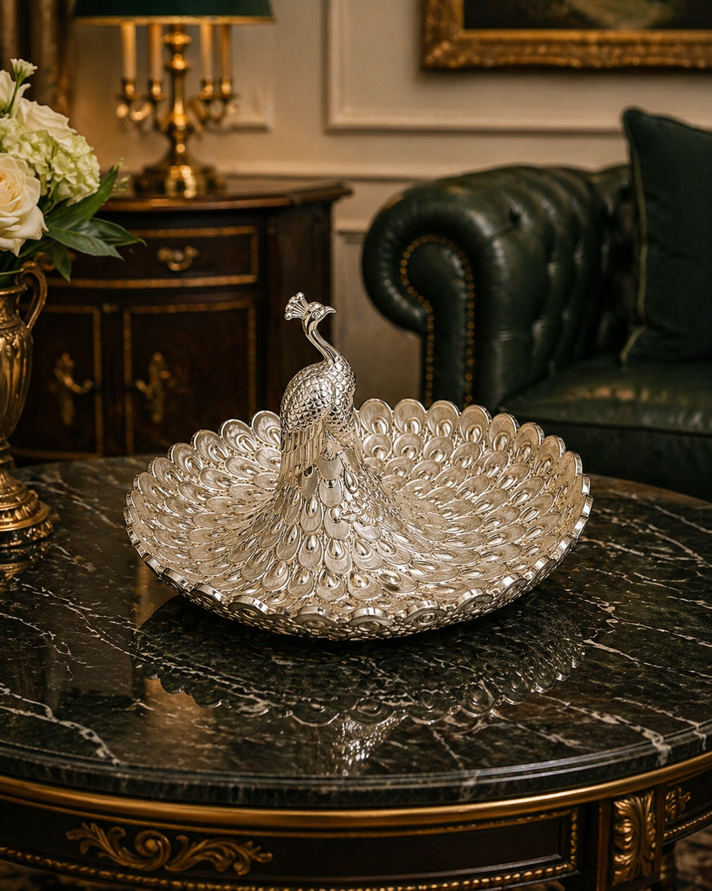 Silver Plated Peacock Tray (Round)