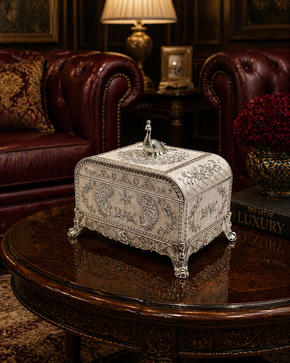 Silver Enamel Large Peacock Box