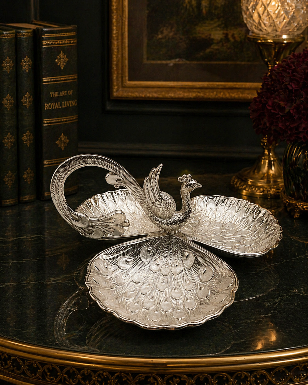 SILVER PLATED 3 BOWL
PEACOCK TRAY