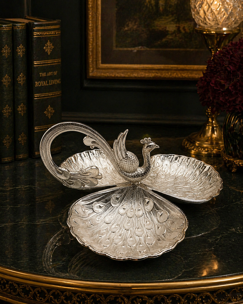SILVER PLATED 3 BOWL
PEACOCK TRAY