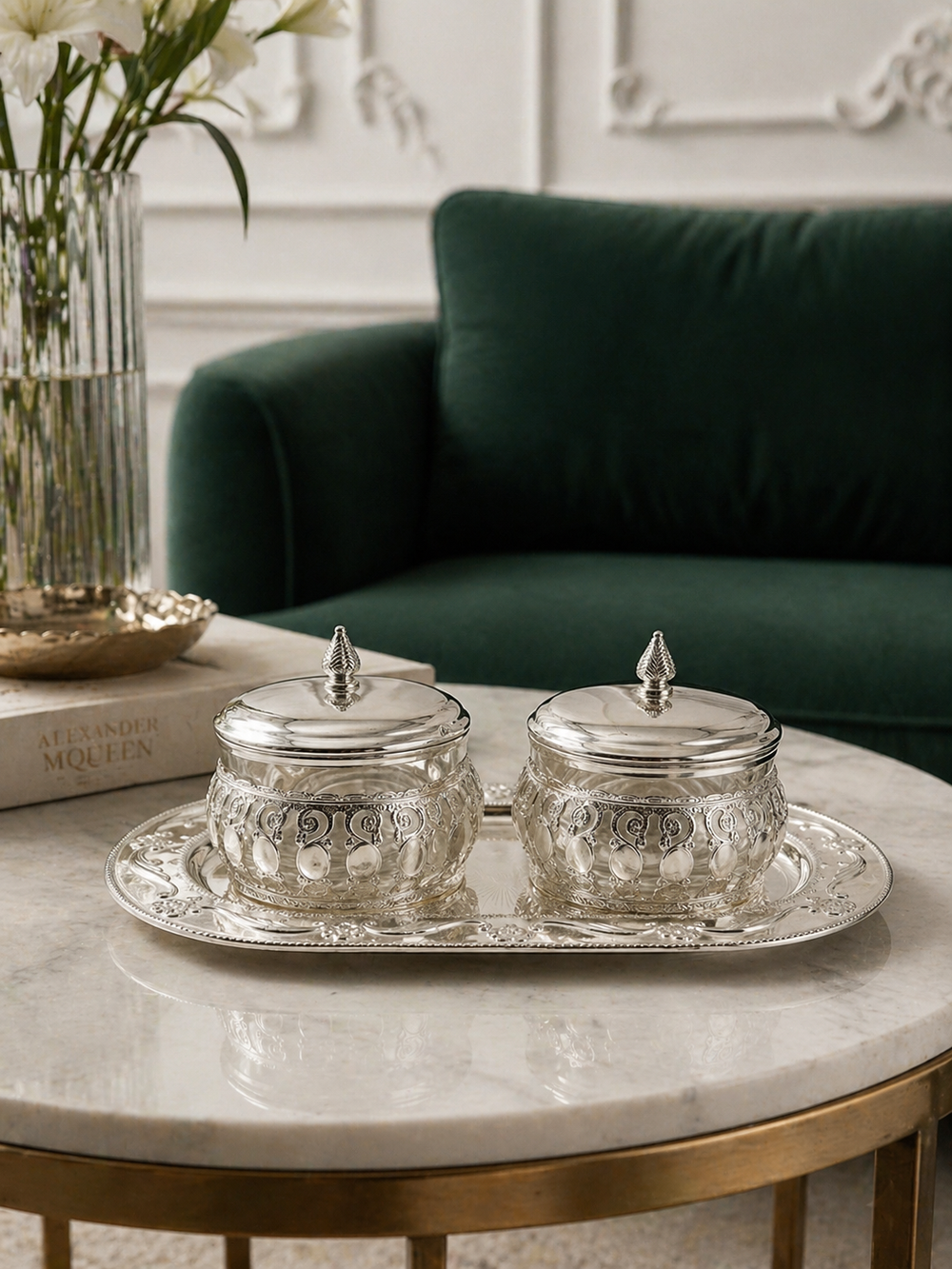 Silver Glass Jars and Tray Set