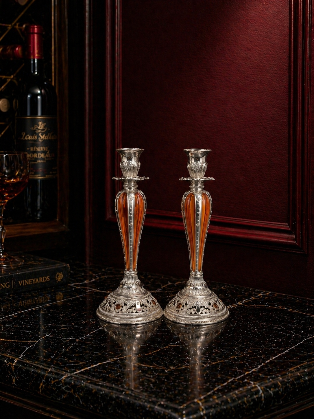 Silver Plated Orange Candlestand Pair